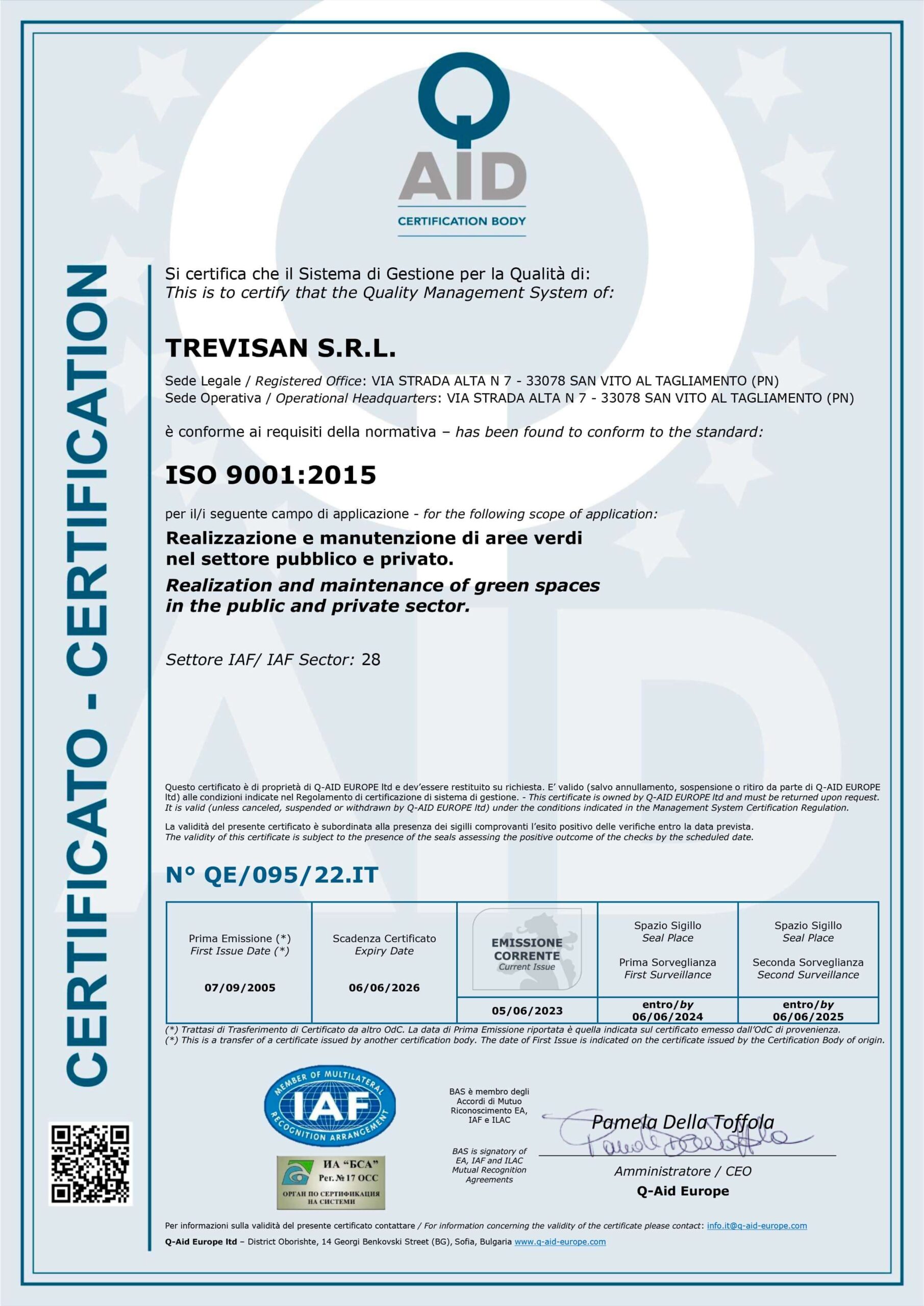 Trevisan srl certificazione EN ISO 9001:2005